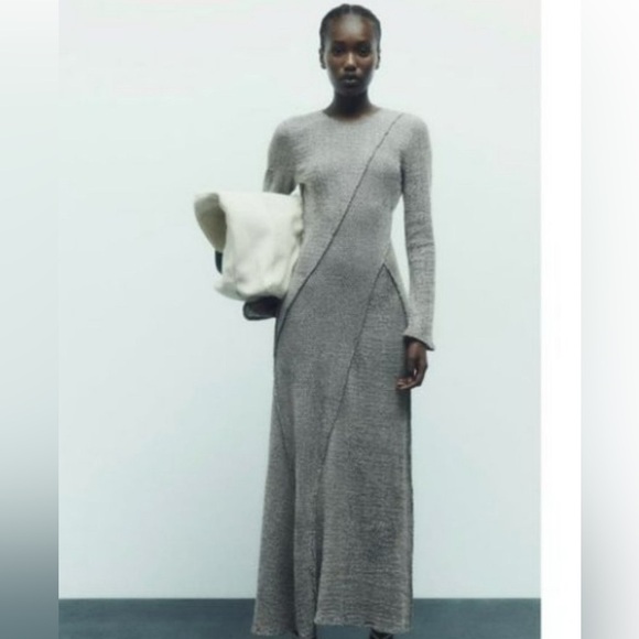 ZARA Pronounced Seam Maxi Dress Women’s Med Grey Stretch Open Back Grunge Gothic - Picture 1 of 11